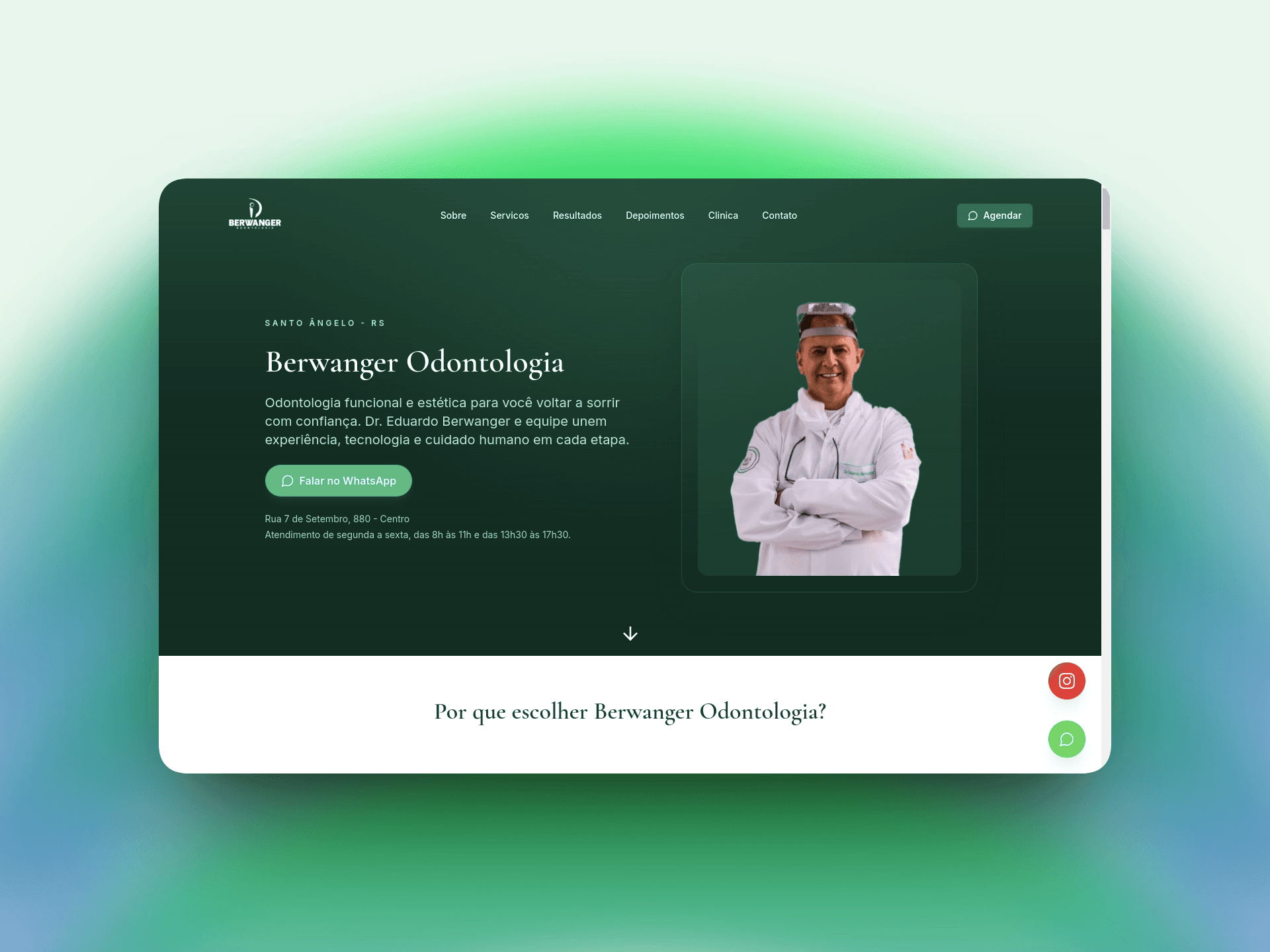 Berwanger Odontologia - Site institucional para clínica odontológica com foco em SEO local e agendamento de consultas. - Site desenvolvido pela Huios Web